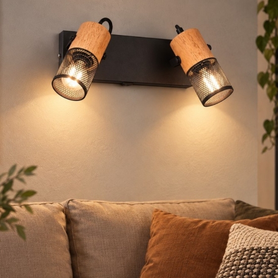 Applique con faretti cilindrico nero opaco legno led 4w 2700k e14