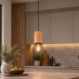 Lampada a sospensione per isola cucina cilindrica nero opaco legno