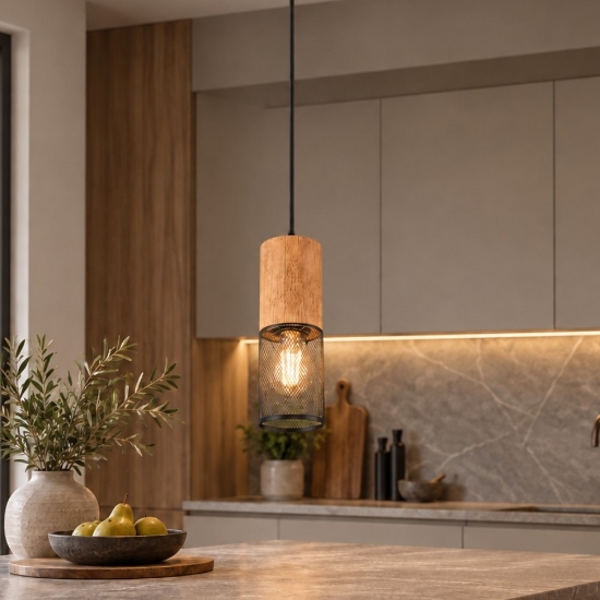 Lampada a sospensione per isola cucina cilindrica nero opaco legno