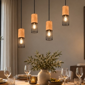 Lampadario per tavolo da pranzo 4 cilindri nero opaco legno