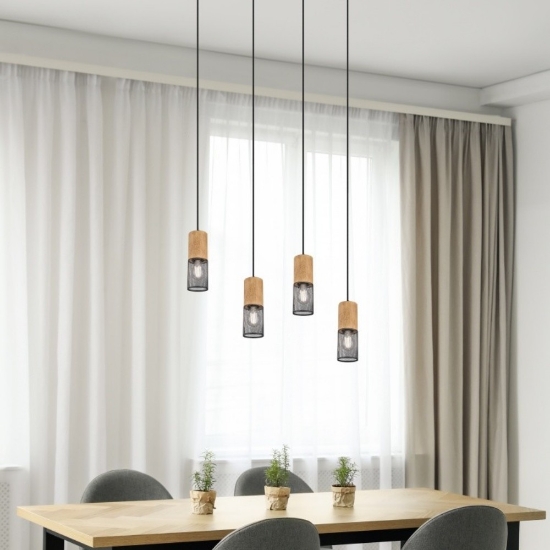 Lampadario per tavolo da pranzo 4 cilindri nero opaco legno