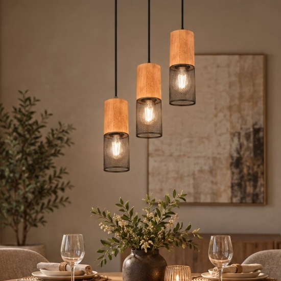 Lampadario per tavolo da pranzo industrial a sospensione nero opaco legno