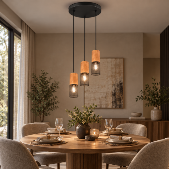 Lampadario per tavolo da pranzo industrial a sospensione nero opaco legno