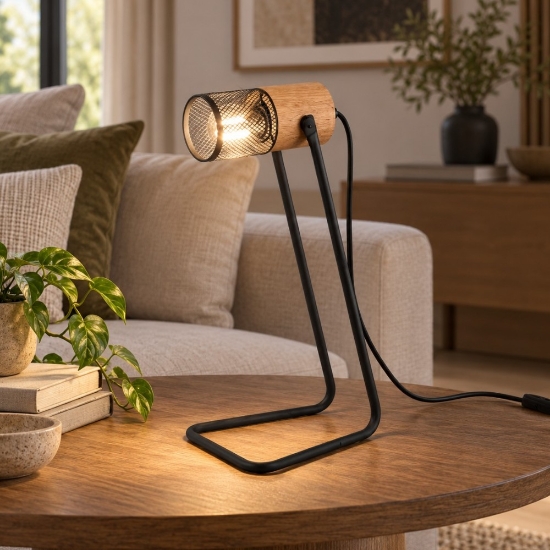 Lampada da tavolo cilindrica nero opaco legno led 4w 2700k
