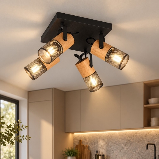 Plafoniera industriale 4 faretti spot orientabili nero opaco legno