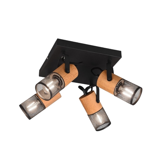 Plafoniera industriale 4 faretti spot orientabili nero opaco legno
