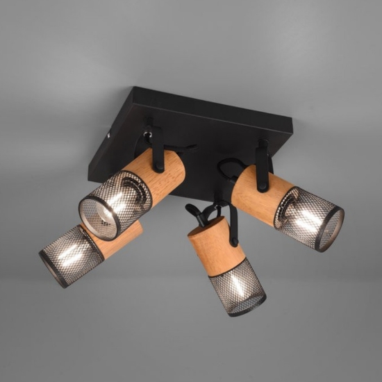 Plafoniera industriale 4 faretti spot orientabili nero opaco legno