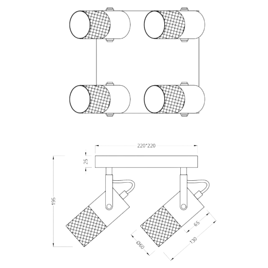 Plafoniera industriale 4 faretti spot orientabili nero opaco legno