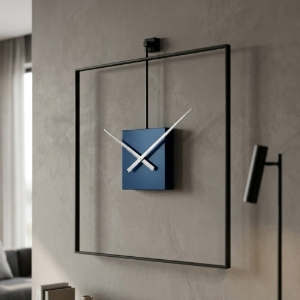 Orologio quadrato da parete moderno nero quadrante blu 60x60 cm