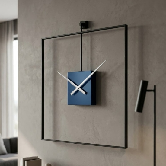 Orologio quadrato da parete moderno nero quadrante blu 60x60 cm