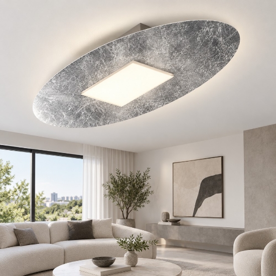 Plafoniera moderna ovale foglia argento led 36w cct 3000k 4000k