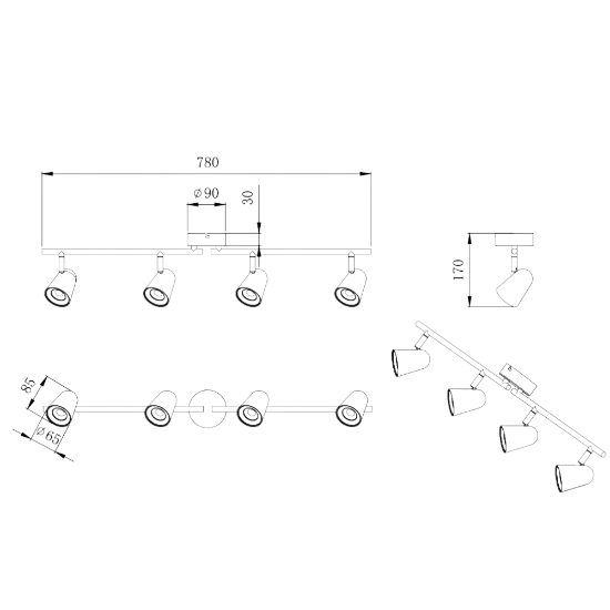 Plafoniera con faretti led 3.5w 3000k da soffitto nero opaco