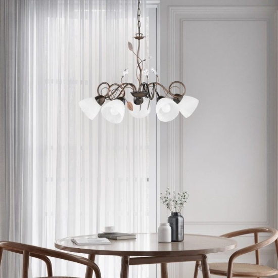 Lampadario rustico ruggine anticato vetro 5 luci