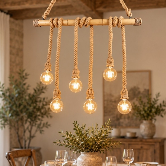 Lampadario rustico per tavolo da pranzo corda e bambu' 6 luci