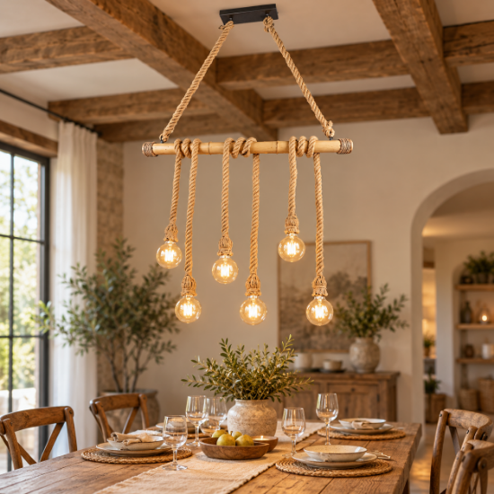 Lampadario rustico per tavolo da pranzo corda e bambu' 6 luci