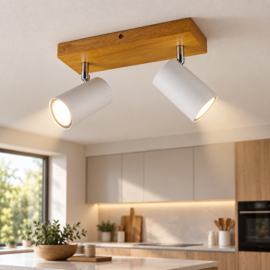 Plafoniera con doppio spot bianco legno orientabili