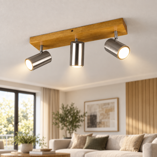 Plafoniera con faretti da soffitto cilindrico nichel opaco legno