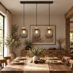 Lampadario 3 luci lineare per tavolo da pranzo nero opaco legno