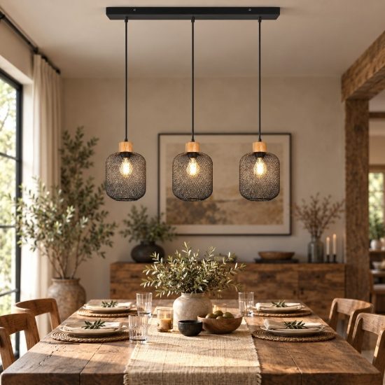 Lampadario 3 luci lineare per tavolo da pranzo nero opaco legno