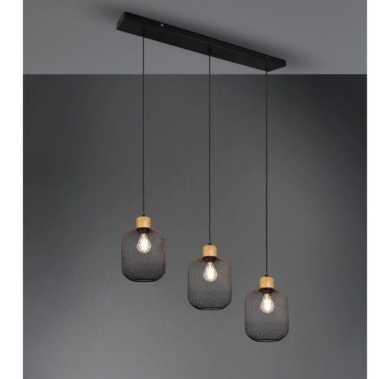 Lampadario 3 luci lineare per tavolo da pranzo nero opaco legno