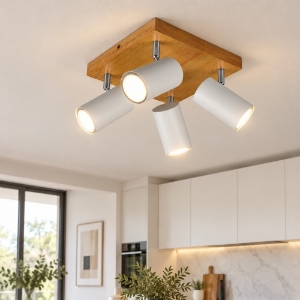 Plafoniera moderna 4 spot bianco opaco legno orientabili