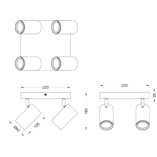Plafoniera moderna 4 spot bianco opaco legno orientabili