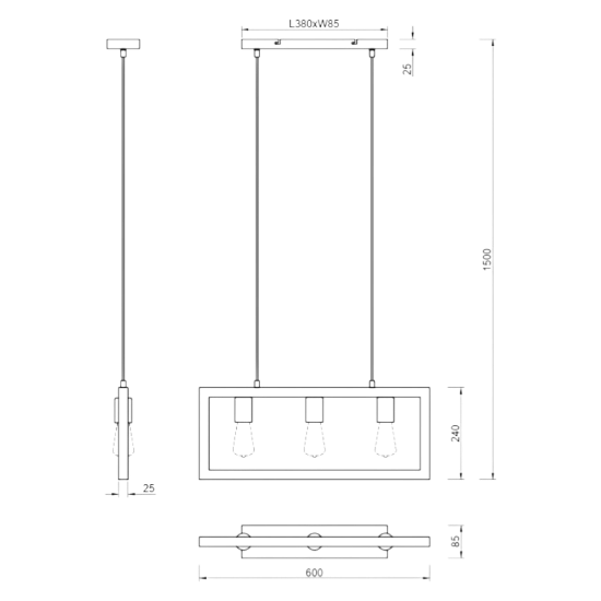 Lampadario per tavolo da pranzo 3 luci industrial nero legno
