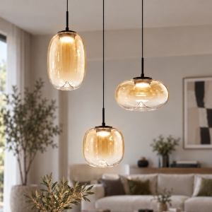 Perenz lampadario moderno brio tre luci sfere vetro cognac led 21w 2700k 3000k 4000k dimmerabile