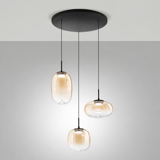 Perenz lampadario moderno brio tre luci sfere vetro cognac led 21w 2700k 3000k 4000k dimmerabile
