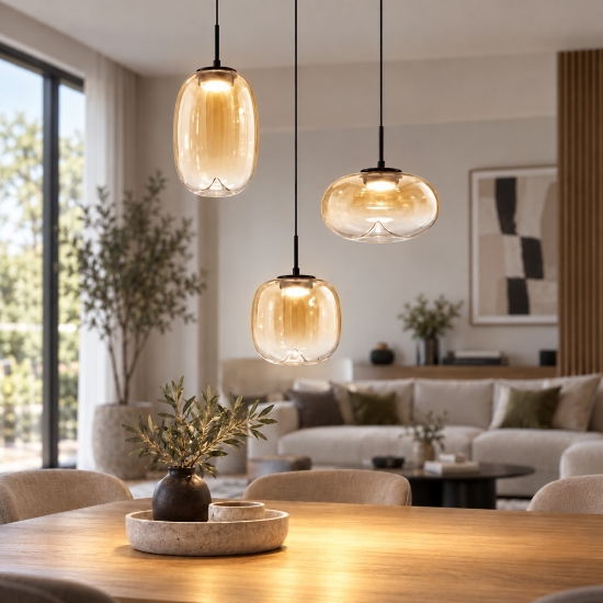 Perenz lampadario moderno brio tre luci sfere vetro cognac led 21w 2700k 3000k 4000k dimmerabile