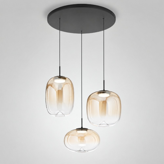Lampadario per cucina moderna 3 luci vetro cognac led 42w 2700k 3000k 4000k dimmerabile perenz brio