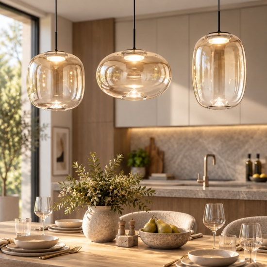 Fabas brio lampadario da cucina led 42w 2700k 3000k 4000k tre vetri cognac dimmerabile
