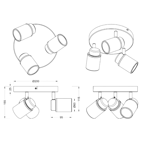 Plafoniera spot orientabili per bagno ip44 gu10 nero opaco