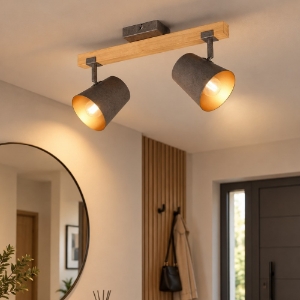 Plafoniera con faretti orientabili legno naturale acciaio anticato