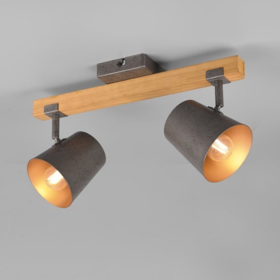 Plafoniera con faretti orientabili legno naturale acciaio anticato