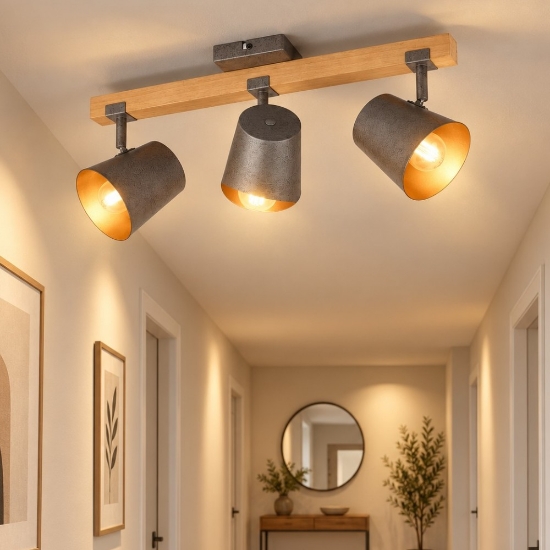 Plafoniera con faretti spot metallo anticato legno orientabile