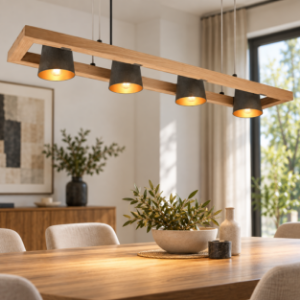 Lampadario per tavolo da pranzo legno 4 luci orientabili