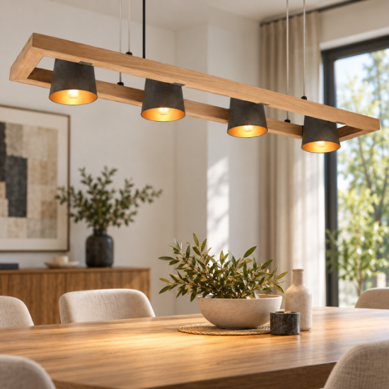 Lampadario per tavolo da pranzo legno 4 luci orientabili