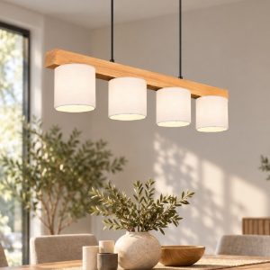 Lampadario per tavolo da pranzo lineare naturale legno 4 luci