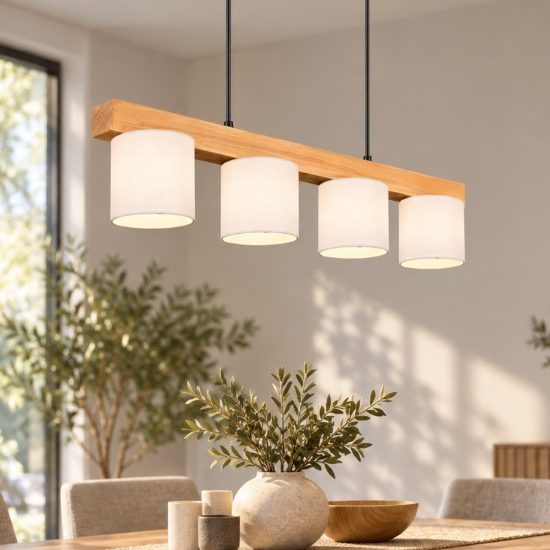 Lampadario per tavolo da pranzo lineare naturale legno 4 luci