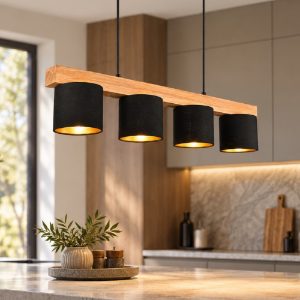 Lampadario lineare nero legno a sospensione 4 luci