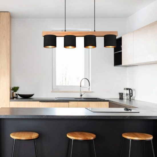 Lampadario lineare nero legno a sospensione 4 luci
