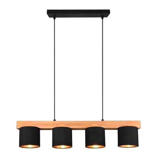 Lampadario lineare nero legno a sospensione 4 luci