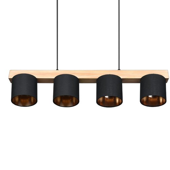 Lampadario lineare nero legno a sospensione 4 luci