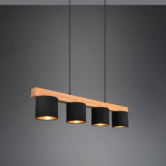 Lampadario lineare nero legno a sospensione 4 luci