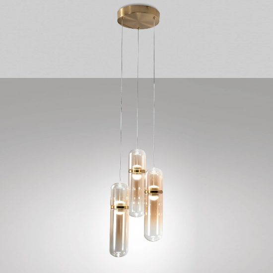 Fabas portofino lampadario da cucina 3 luci vetro cognac led 18w 3000k dimmerabile 3
