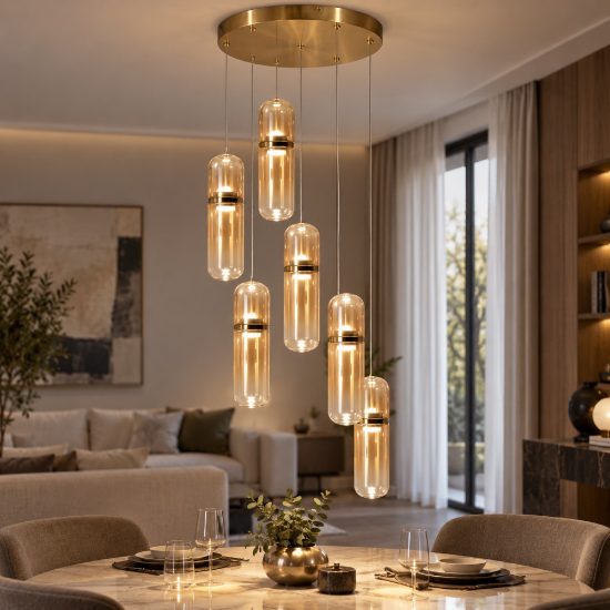 Fabas luce portofino lampadario moderno 6 luci ottone satinato led 34w 3000k dimmerabile