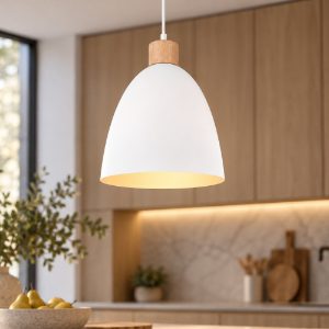 Lampada a sospensione per isola cucina cono bianco legno