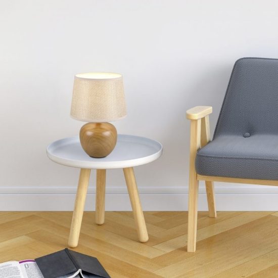 Abat-jour lampada da comodino legno paralume tessuto beige