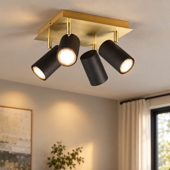 Plafoniera quadrata 4 faretti spot orientabili nero oro gu10